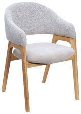 Moderner Armlehnstuhl mit grauem Stoffbezug und Holzgestell, seitliche Perspektive