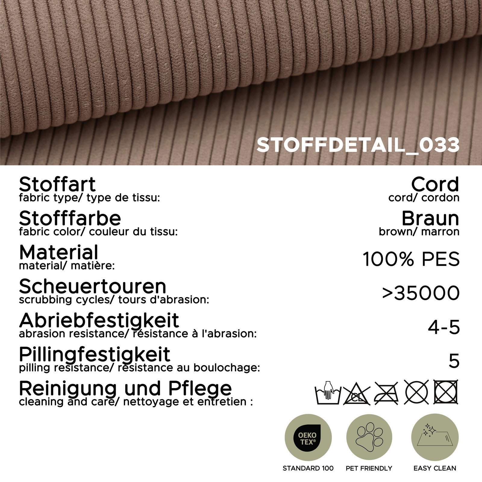 Nahaufnahme eines braunen Cordstoffs mit hoher Abriebfestigkeit und Pflegehinweisen, geeignet für ein Eckschlafsofa. Perspektive: Detailansicht des Stoffes.