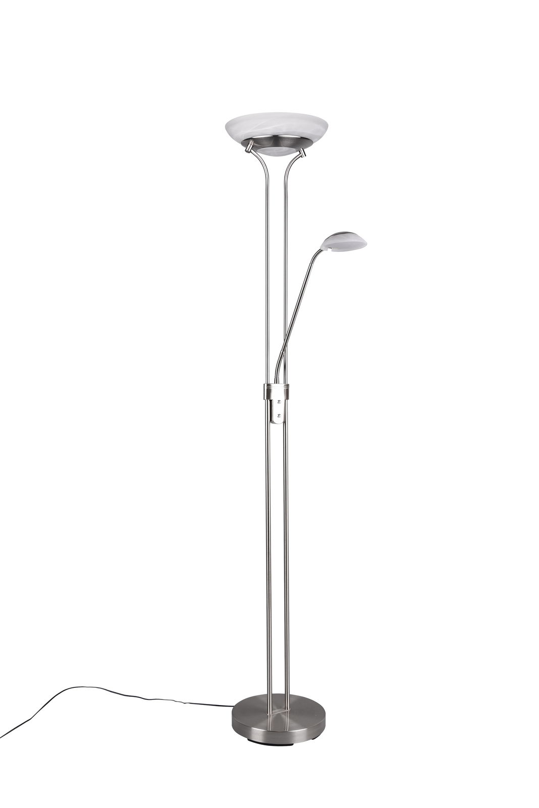 Moderner LED-Deckenfluter mit Leselampe, silberfarben, seitliche Perspektive