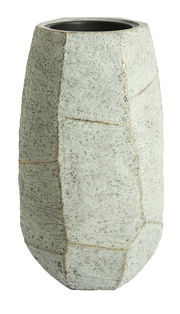 Großer, strukturierter Topf aus Beton mit geometrischem Muster, frontal fotografiert.