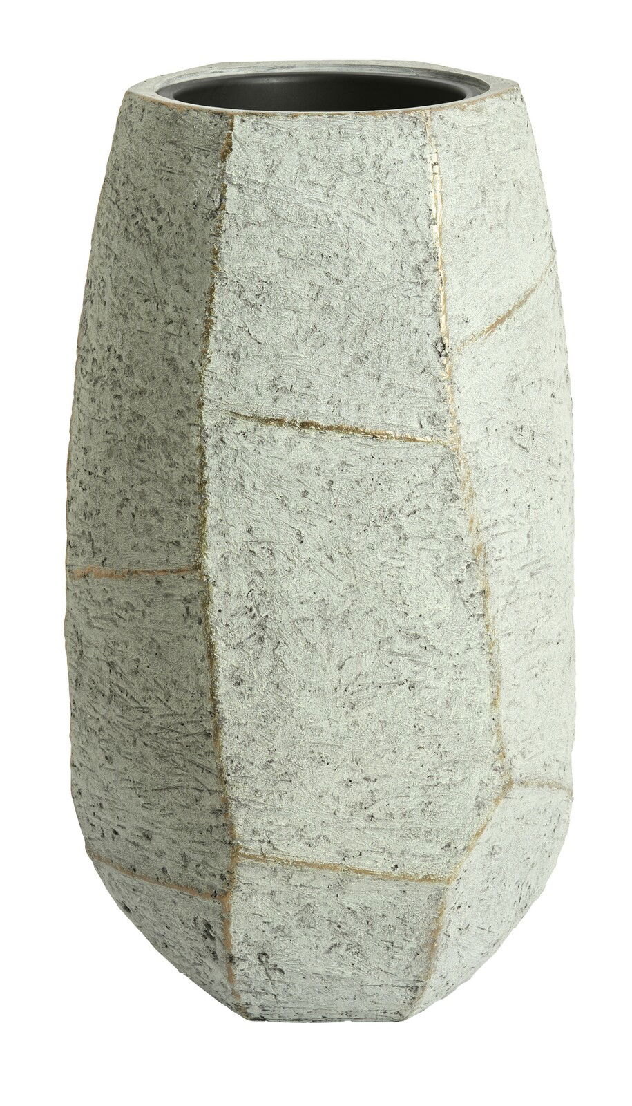 Großer, strukturierter Topf aus Beton mit geometrischem Muster, frontal fotografiert.