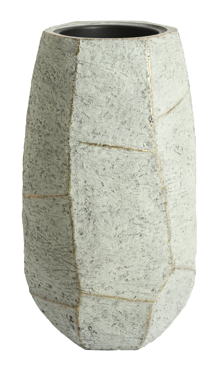 Grote, gestructureerde betonnen pot met een geometrisch patroon, van voren gefotografeerd.