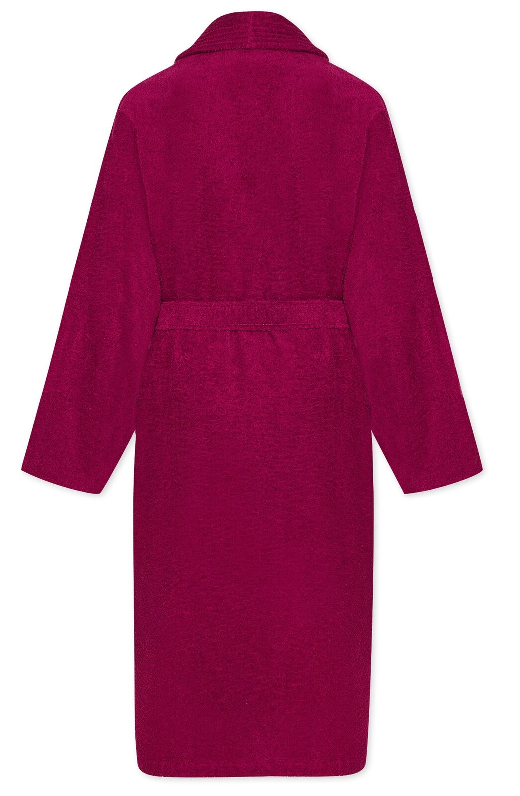 Rückansicht eines weinroten Bademantels mit Schalkragen und Gürtel.