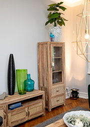 Holzvitrine mit Glastür und zwei Schubladen, dekoriert mit einer Pflanze auf der Oberseite, aus seitlicher Perspektive fotografiert.