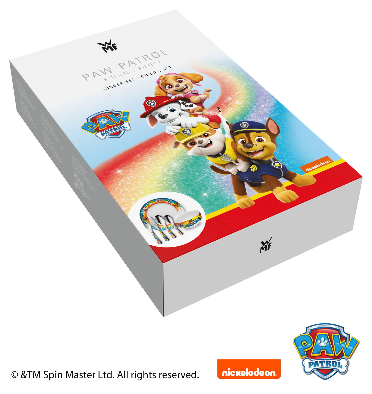 Paw Patrol Kinderset mit buntem Design und beliebten Charakteren, schräg von oben fotografiert.