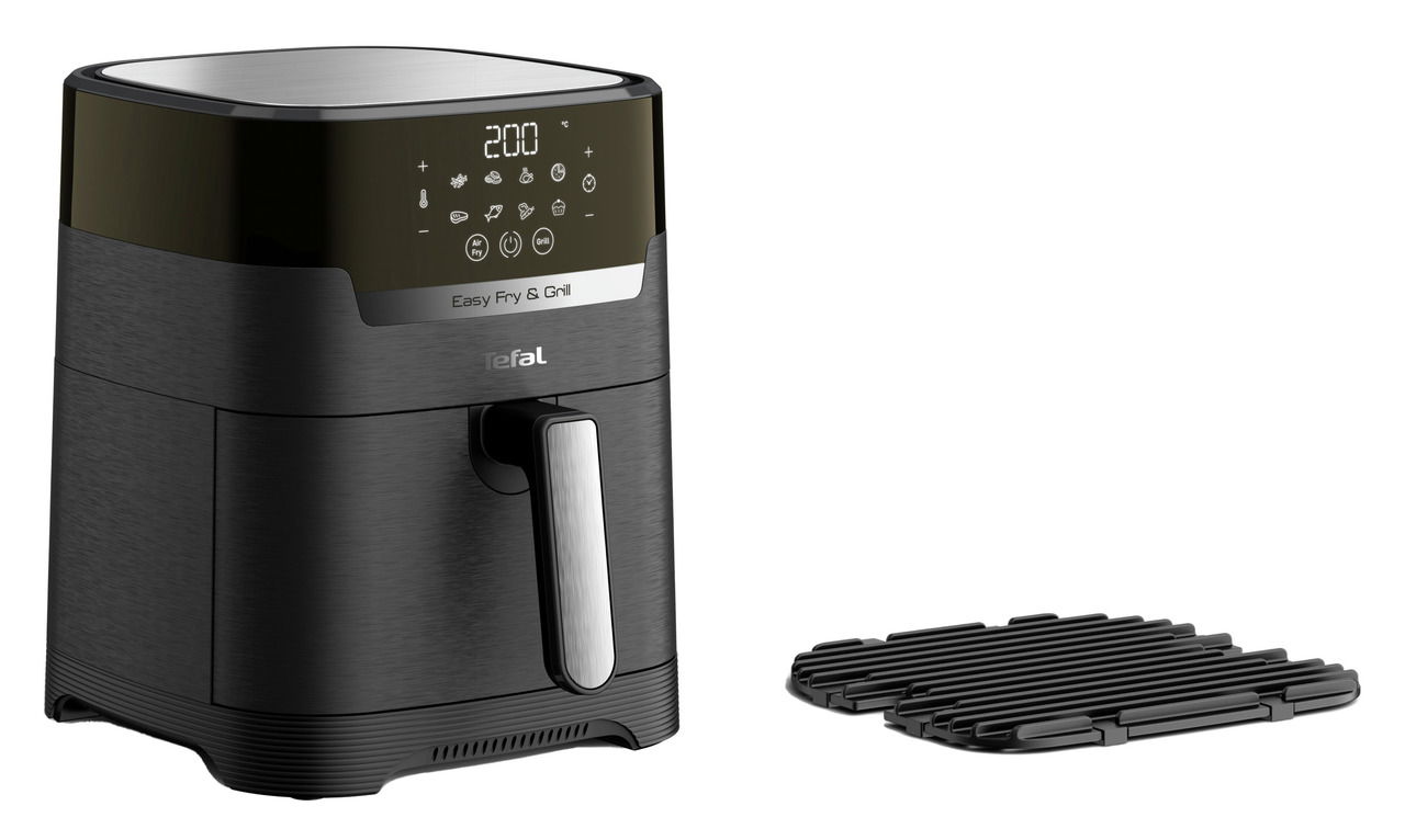 Schwarze Heißluftfritteuse Easy Fry & Grill von Tefal mit digitalem Display und Grillrost, seitliche Perspektive.