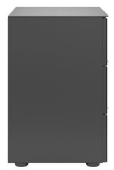 Seitenansicht einer modernen, dunkelgrauen Nachtkommode mit glatter Oberfläche und minimalistischen Design.
