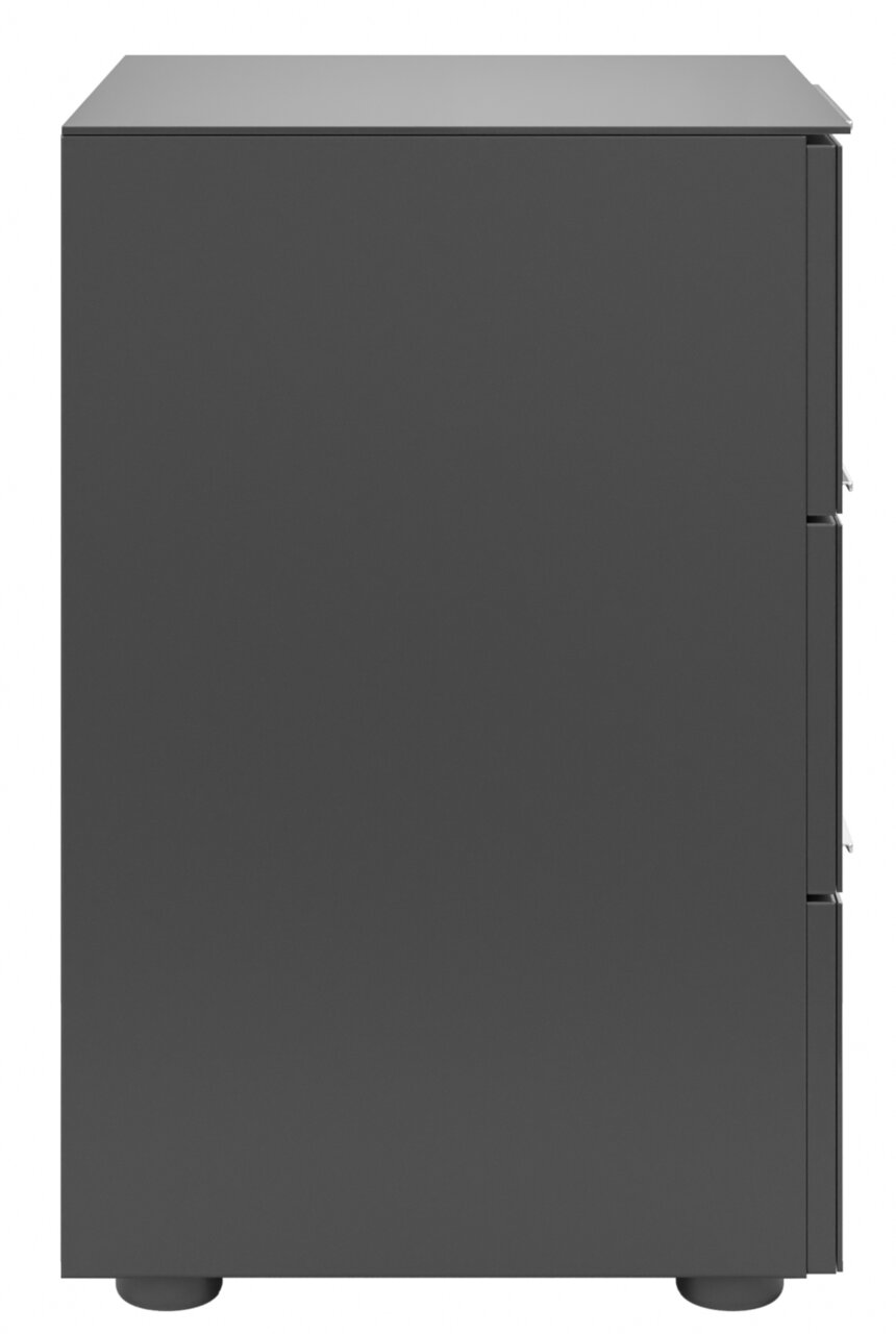 Zijaanzicht van een modern, donkergrijs nachtkastje met een glad oppervlak en een minimalistisch ontwerp.