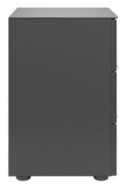 Seitenansicht einer modernen, dunkelgrauen Nachtkommode mit glatter Oberfläche und minimalistischen Design.
