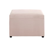 Quadratischer Polsterhocker in hellem Beige mit strukturierter Stoffoberfläche und schwarzen Füßen, frontal in leichter Aufsicht fotografiert
