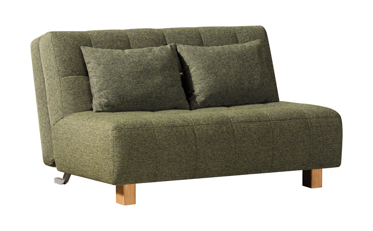 Grünes Faltbett-Sofa mit zwei Kissen, seitliche Perspektive