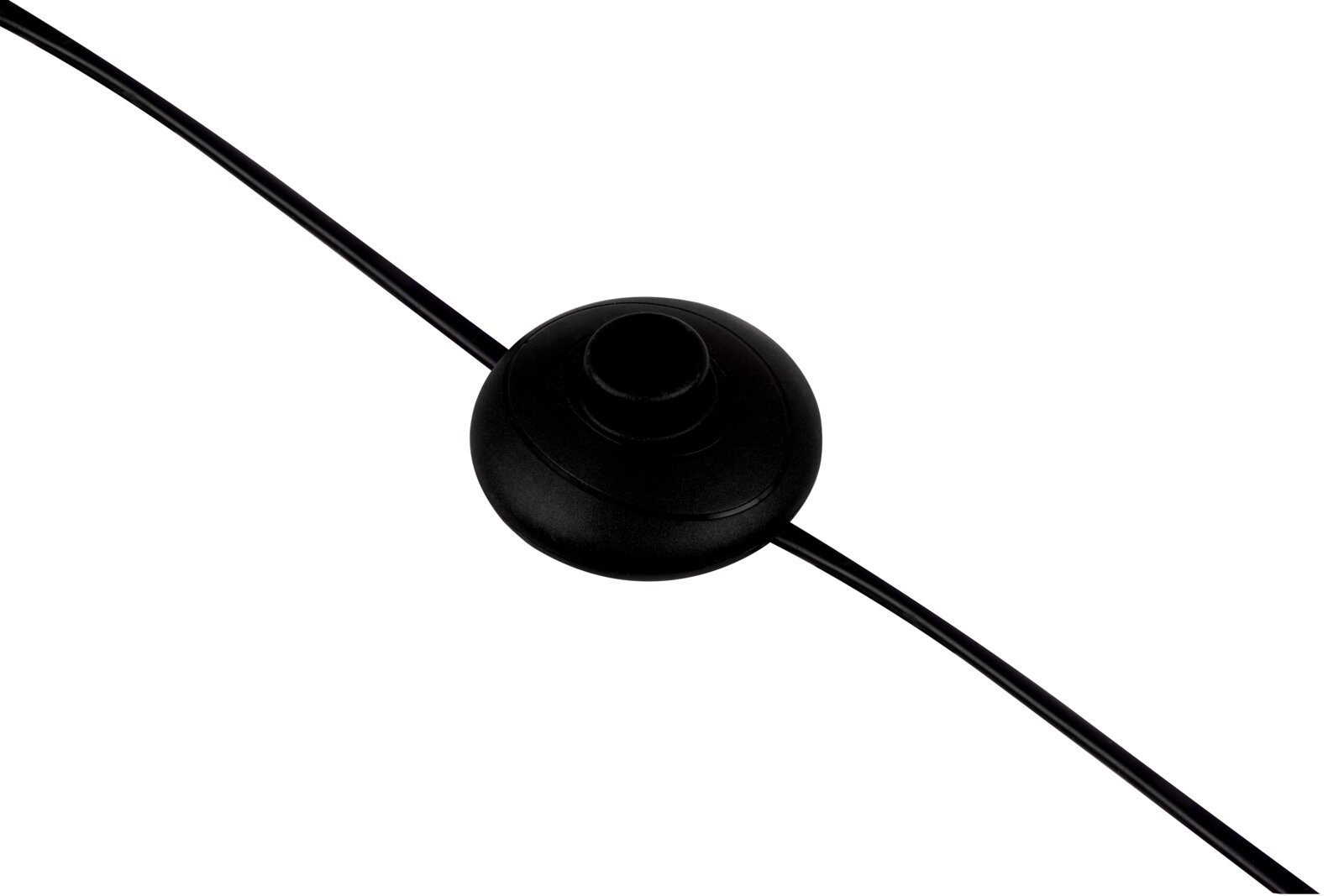Zwarte ronde voetschakelaar met kabel, productfoto in bovenaanzicht op witte achtergrond