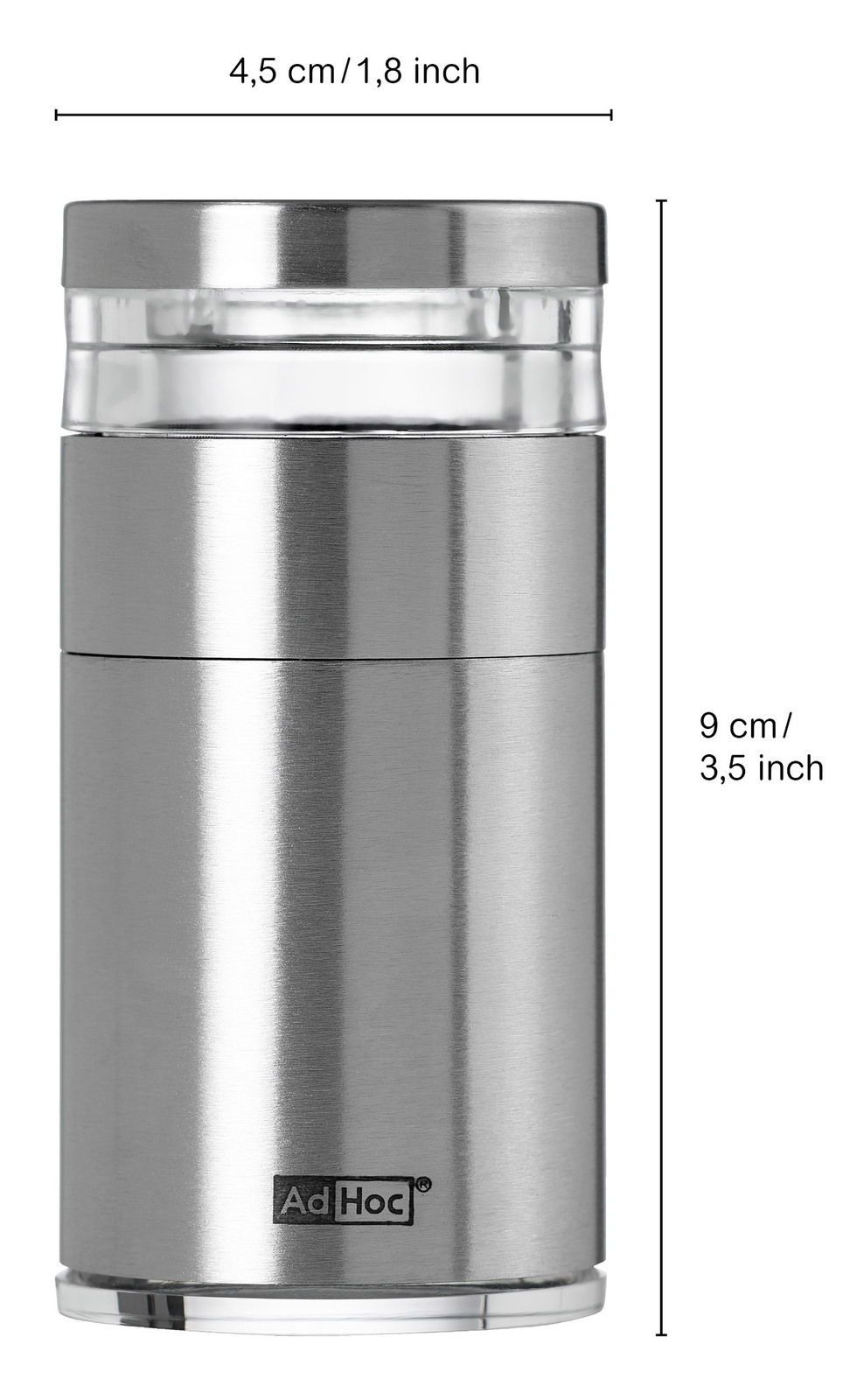 Kräuter- und Gewürzschneider aus Edelstahl, zylindrische Form, 9 cm hoch, 4,5 cm Durchmesser, seitliche Ansicht