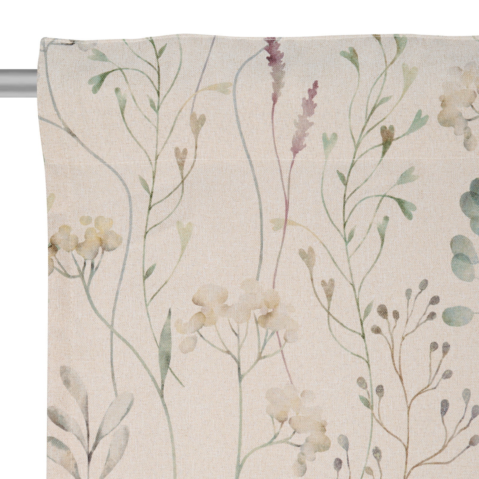 Fertigvorhang mit zartem Blumenmuster in Pastellfarben, Nahaufnahme von vorne
