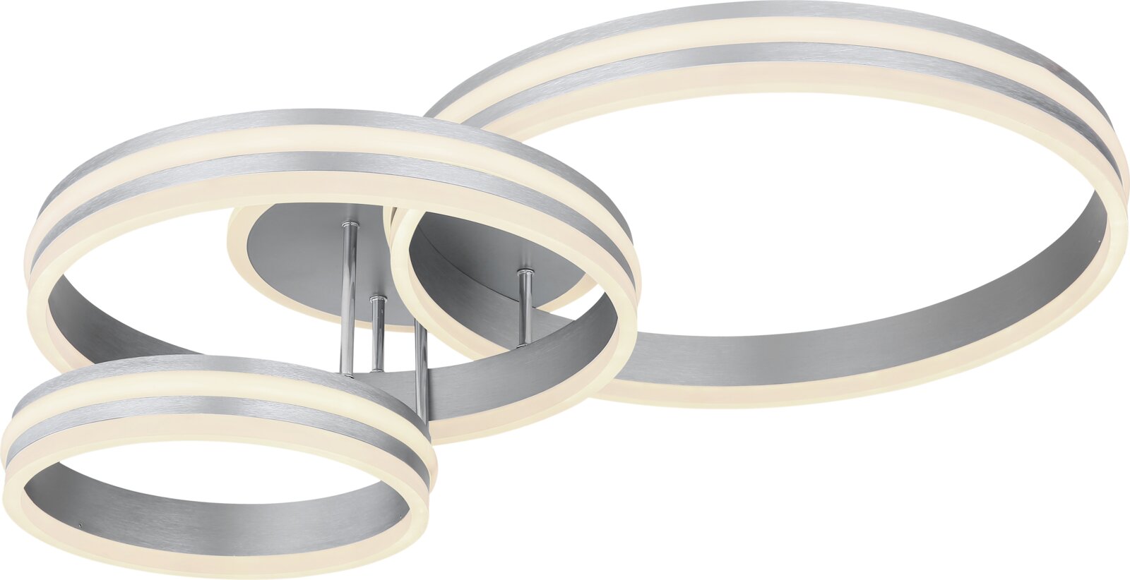 Moderne led-plafondlamp met drie in elkaar verweven ringen van metaal en kunststof, gezien vanaf de zijkant.