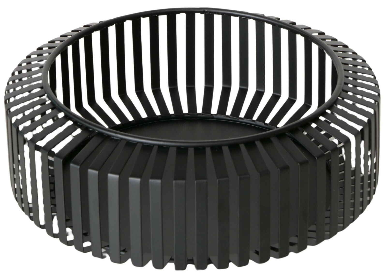 Schwarze, runde Schale mit vertikalen Streben, seitliche Perspektive