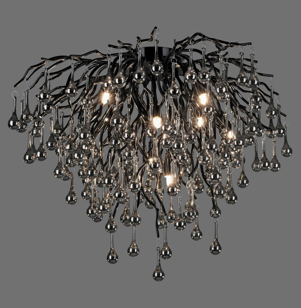 Moderne Deckenleuchte ICICLE mit hängenden, tropfenförmigen Glaselementen, seitliche Perspektive