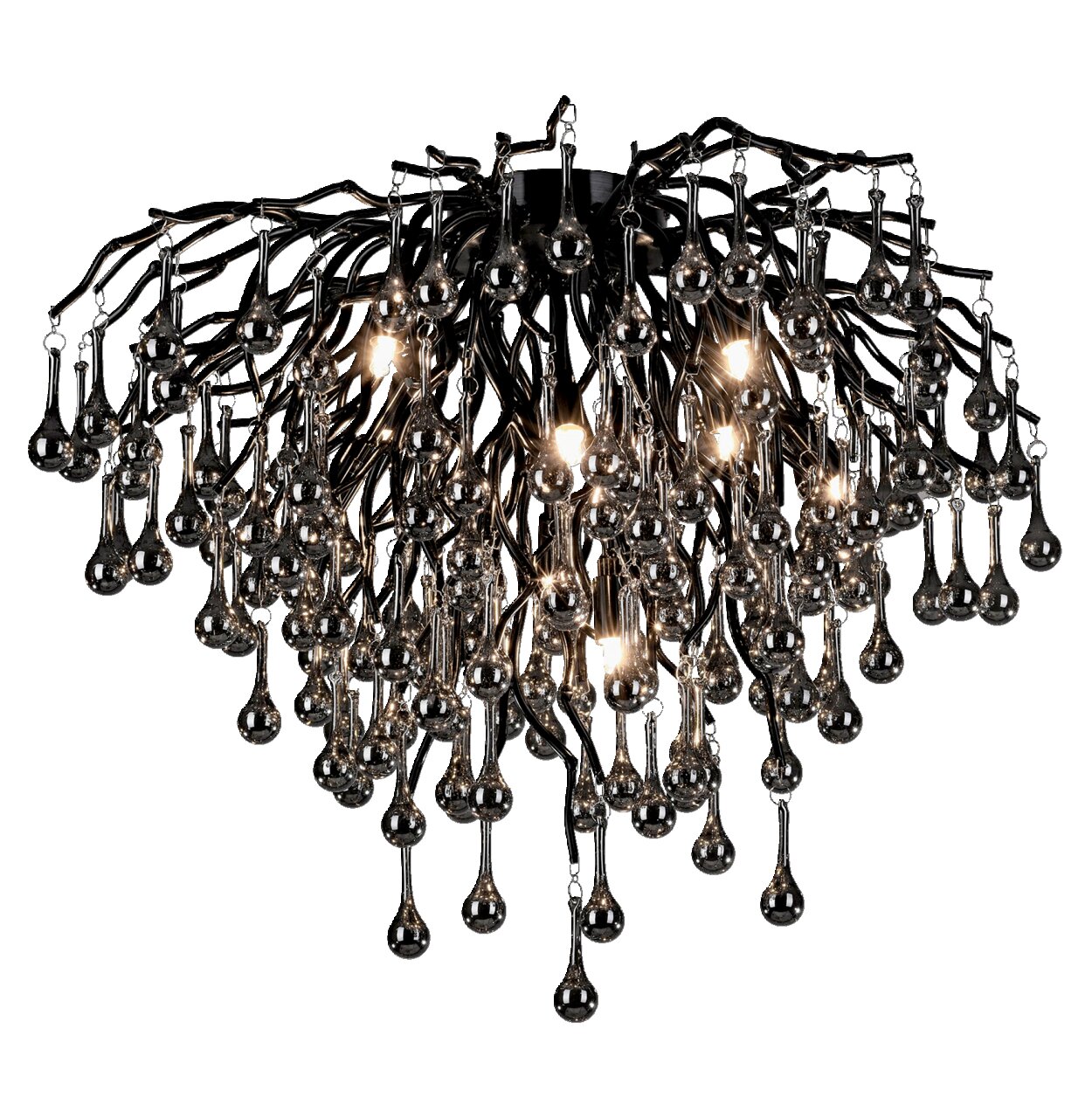 Moderne plafondlamp ICICLE met hangende, druppelvormige glazen elementen, zijaanzicht