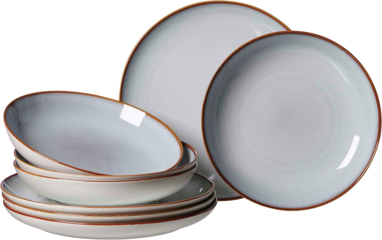 Graues 8-teiliges Speiseset Portofino mit Tellern und Schalen, seitliche Perspektive