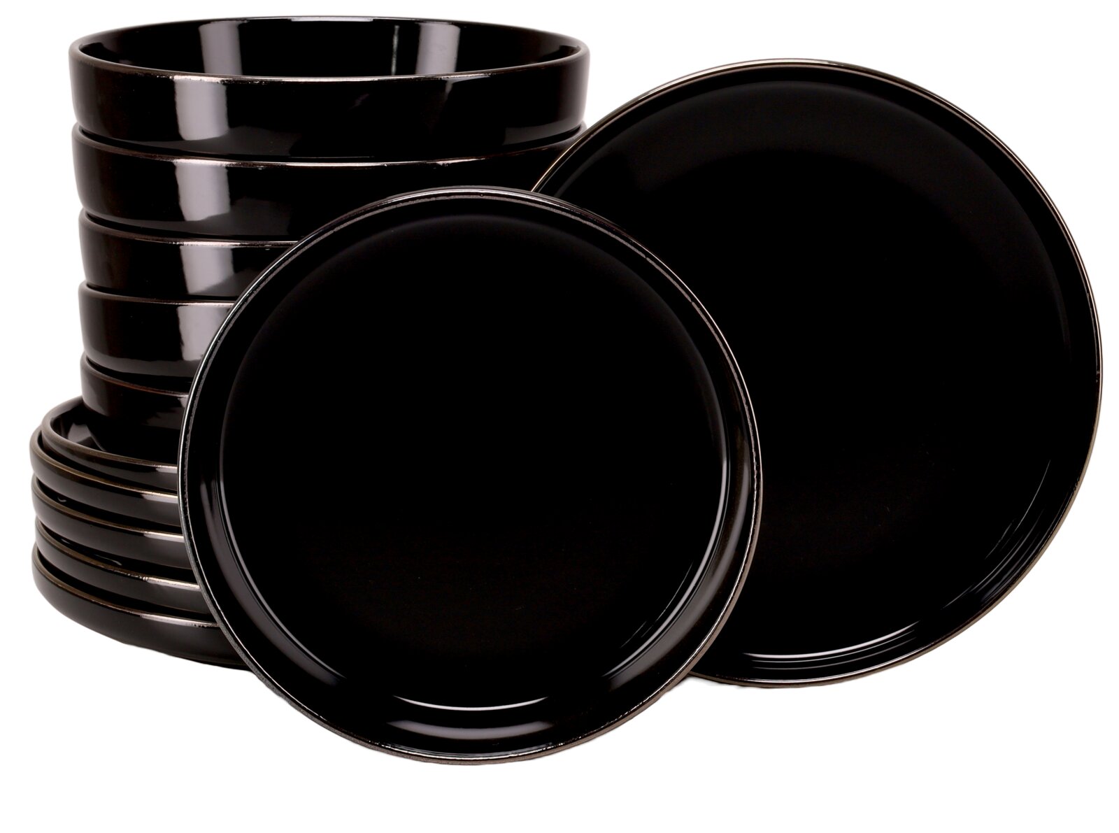 creaTable Tafelservice 12-tlg NORDIC FESTIVE Glänzend schwarzes Geschirrset mit gestapelten Schalen und zwei Tellern, in leicht schräger Vorderansicht vor weißem Hintergrund