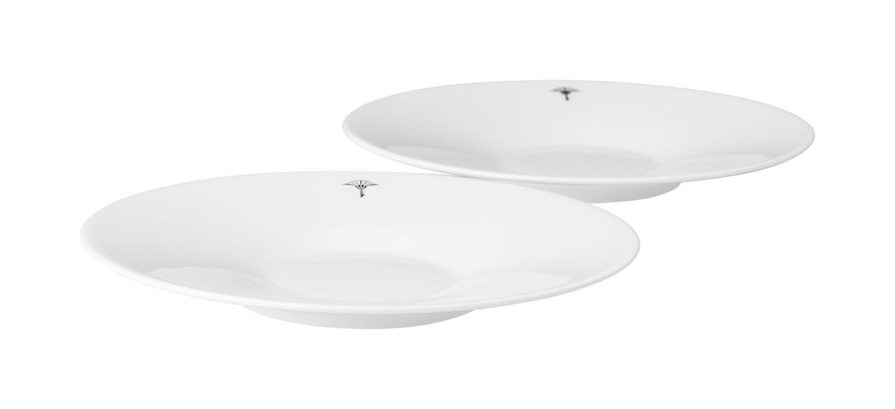 JOOP! Untertasse 2er-Set DINING GLAMOUR Zwei weiße Untertassen mit dezentem Muster, seitliche Perspektive