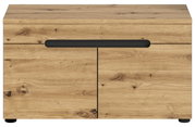 Frontale Ansicht einer modernen Sitzbank aus hellem Holz mit schwarzem Griffdetail.