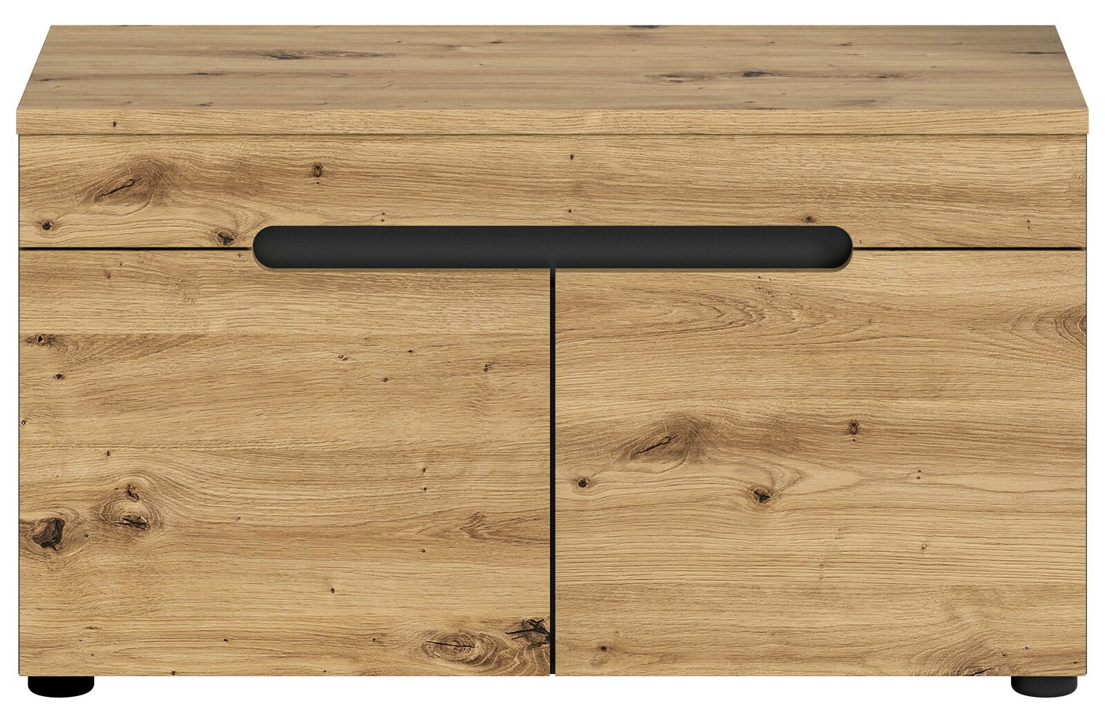 Frontale Ansicht einer modernen Sitzbank aus hellem Holz mit schwarzem Griffdetail.