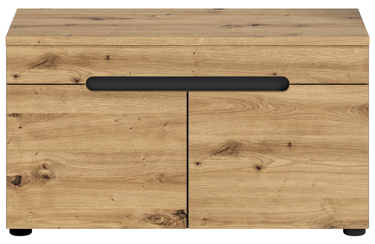 Frontale Ansicht einer modernen Sitzbank aus hellem Holz mit schwarzem Griffdetail.