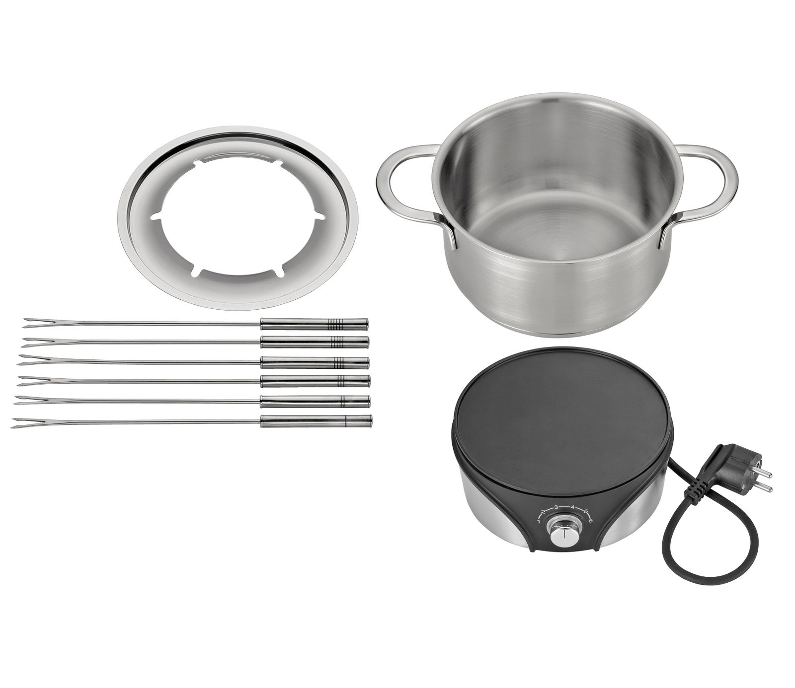 Elektrisches Fondue-Set Genf mit Topf, Gabeln, Spritzschutz und Heizplatte, von oben betrachtet.