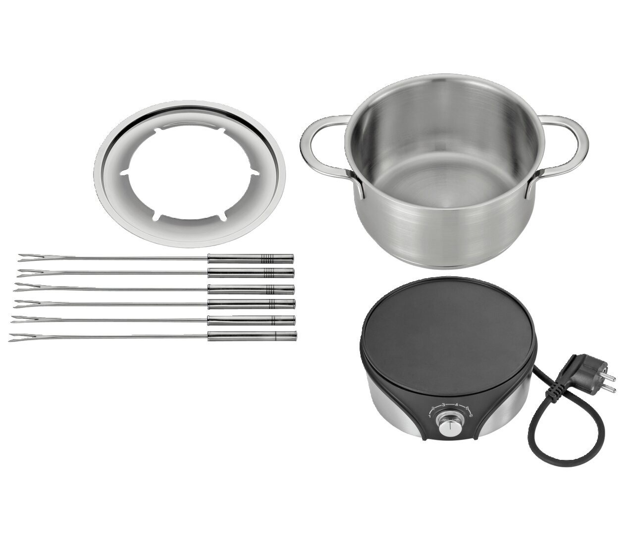 KÜCHENPROFI Fondue-Set GENF Elektrisches Fondue-Set Genf mit Topf, Gabeln, Spritzschutz und Heizplatte, von oben betrachtet.