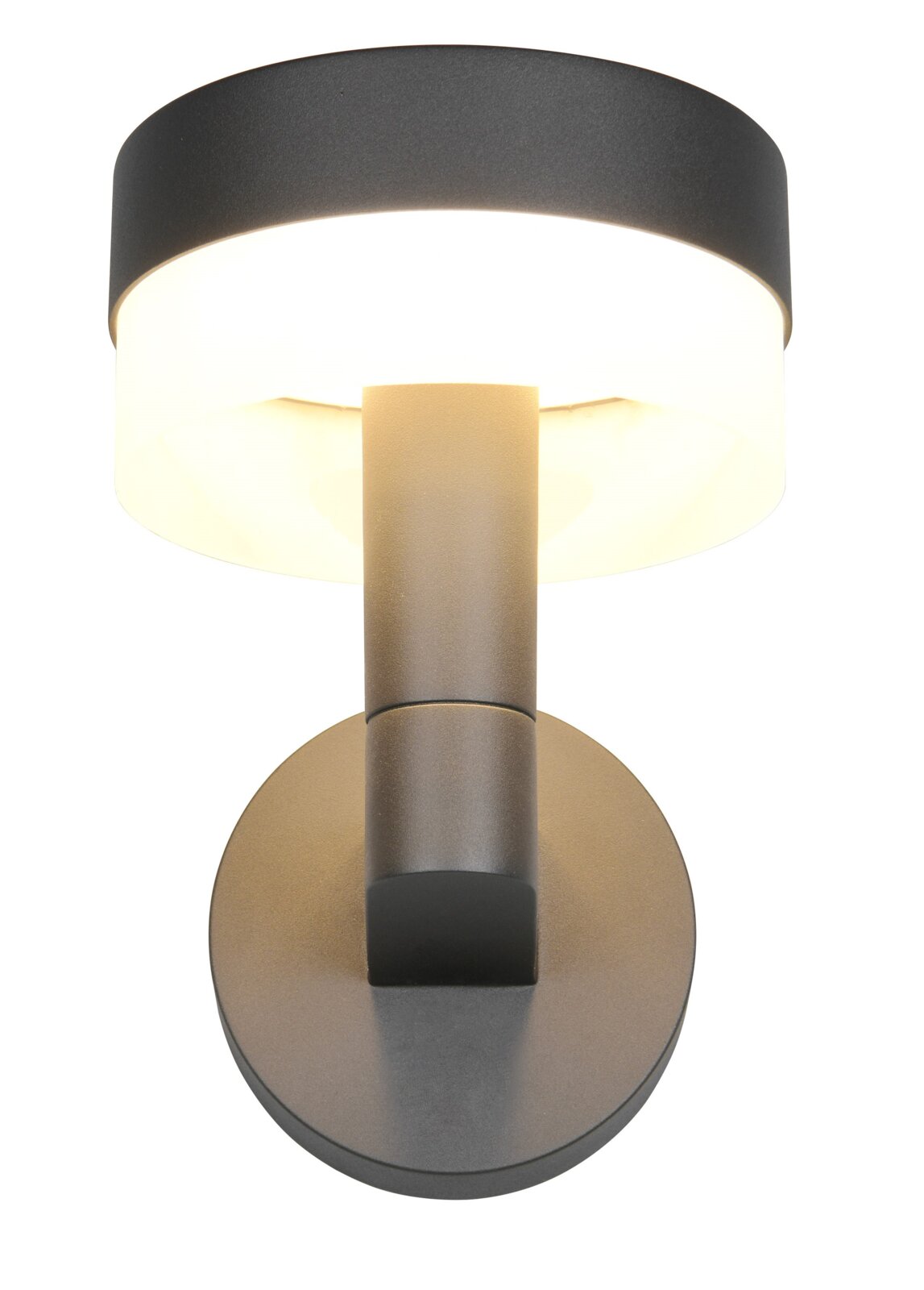 Moderne LED-buitenwandlamp in zwart, afgebeeld van voren.