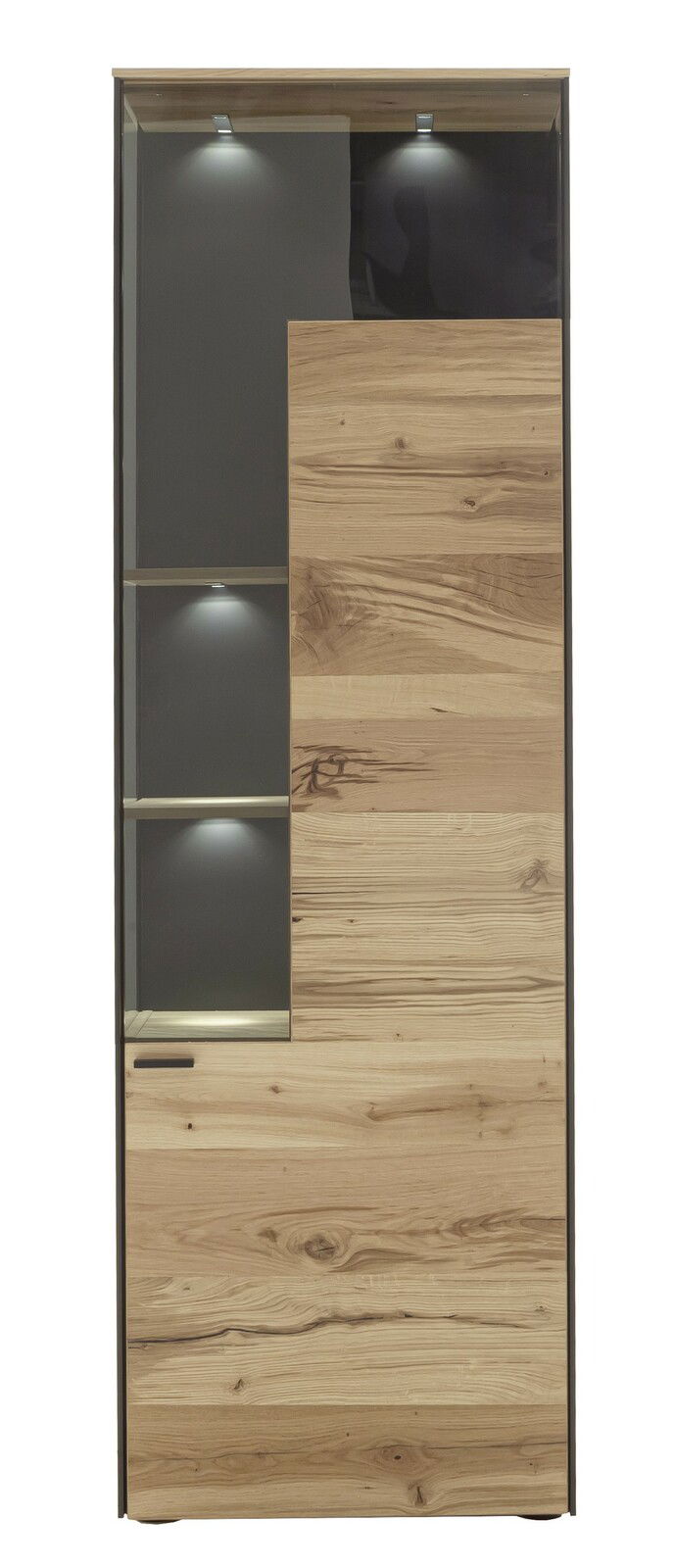 Vitrine aus Holz mit Glaselementen und integrierter Beleuchtung, Frontalansicht