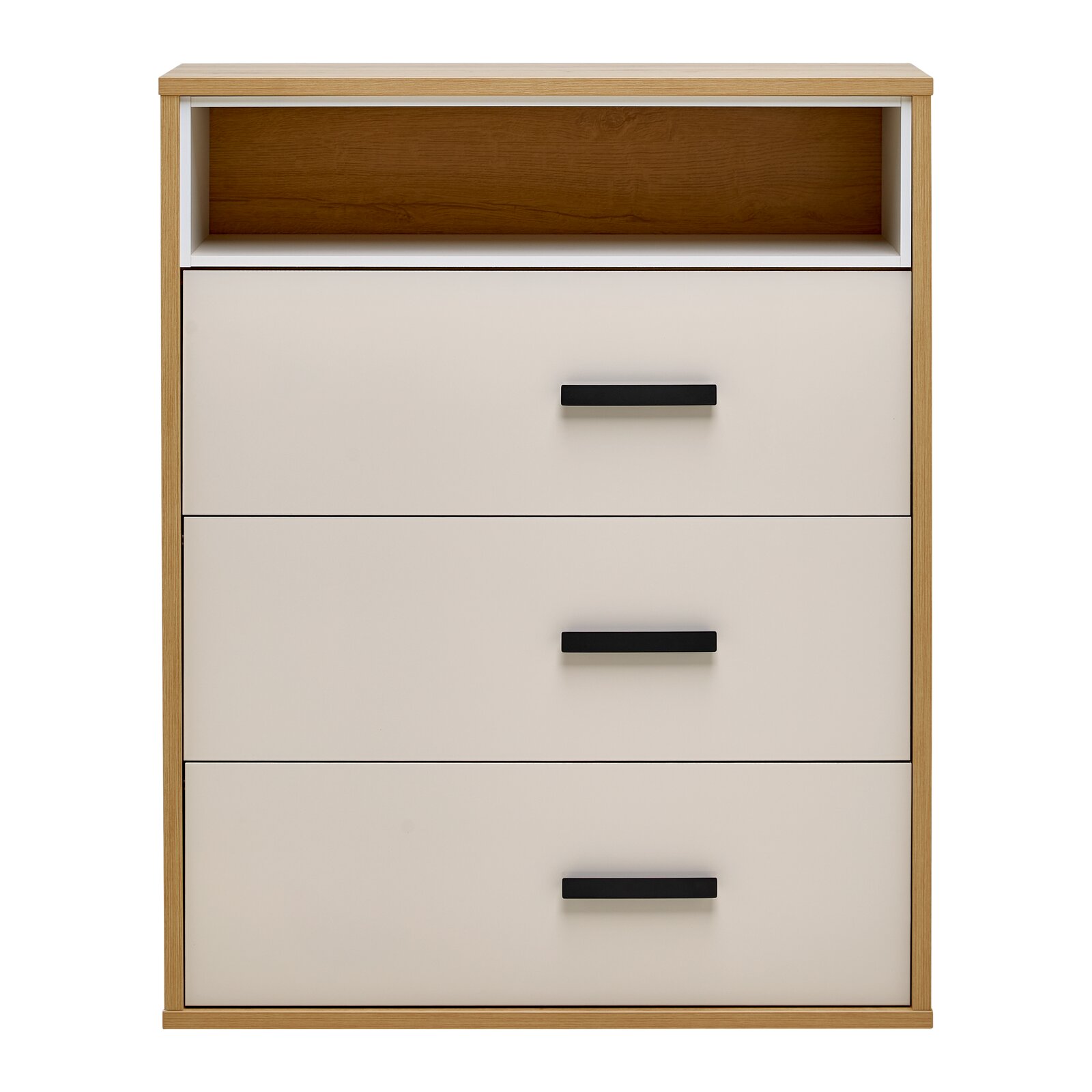 Kommode mit drei Schubladen und einem offenen Fach, Frontansicht