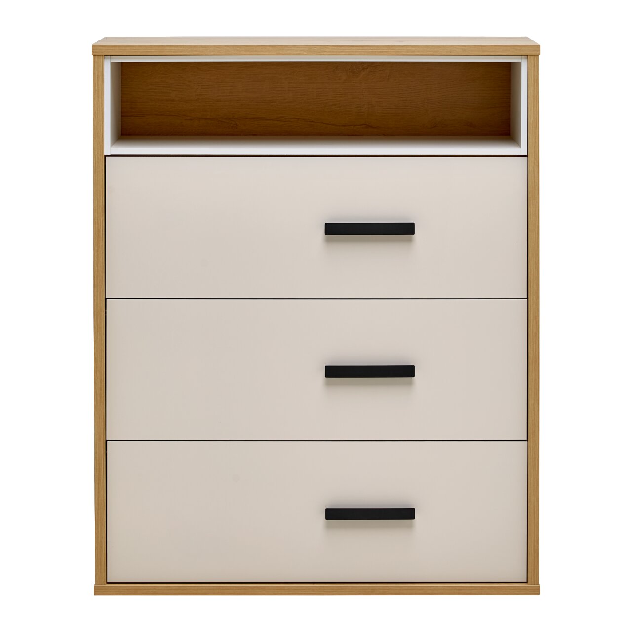 Kommode mit drei Schubladen und einem offenen Fach, Frontansicht