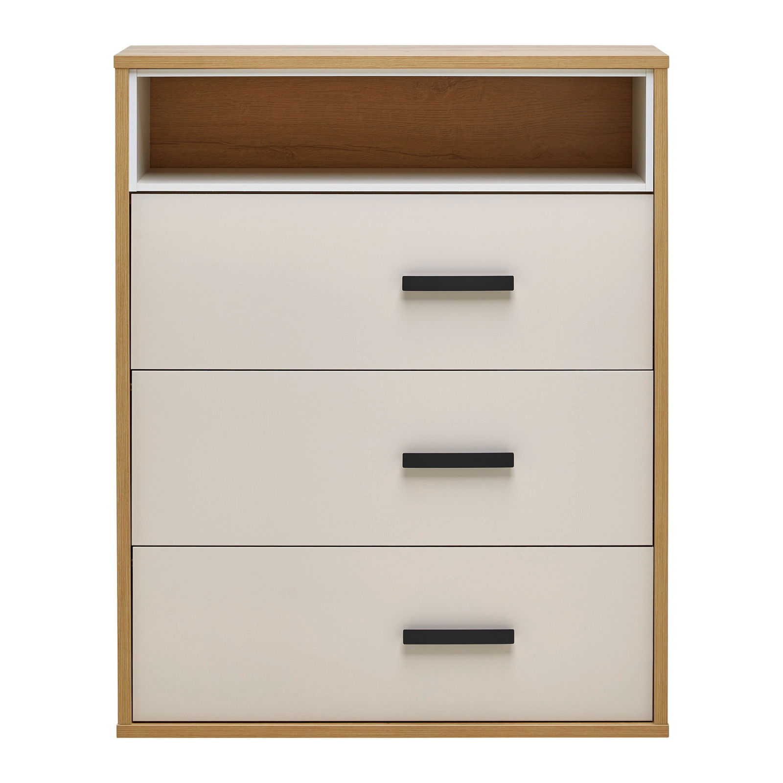 Kommode mit drei Schubladen und einem offenen Fach, Frontansicht