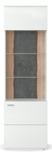 Vitrine in Frontalansicht mit Glasböden und Holzrückwand, modernes Design