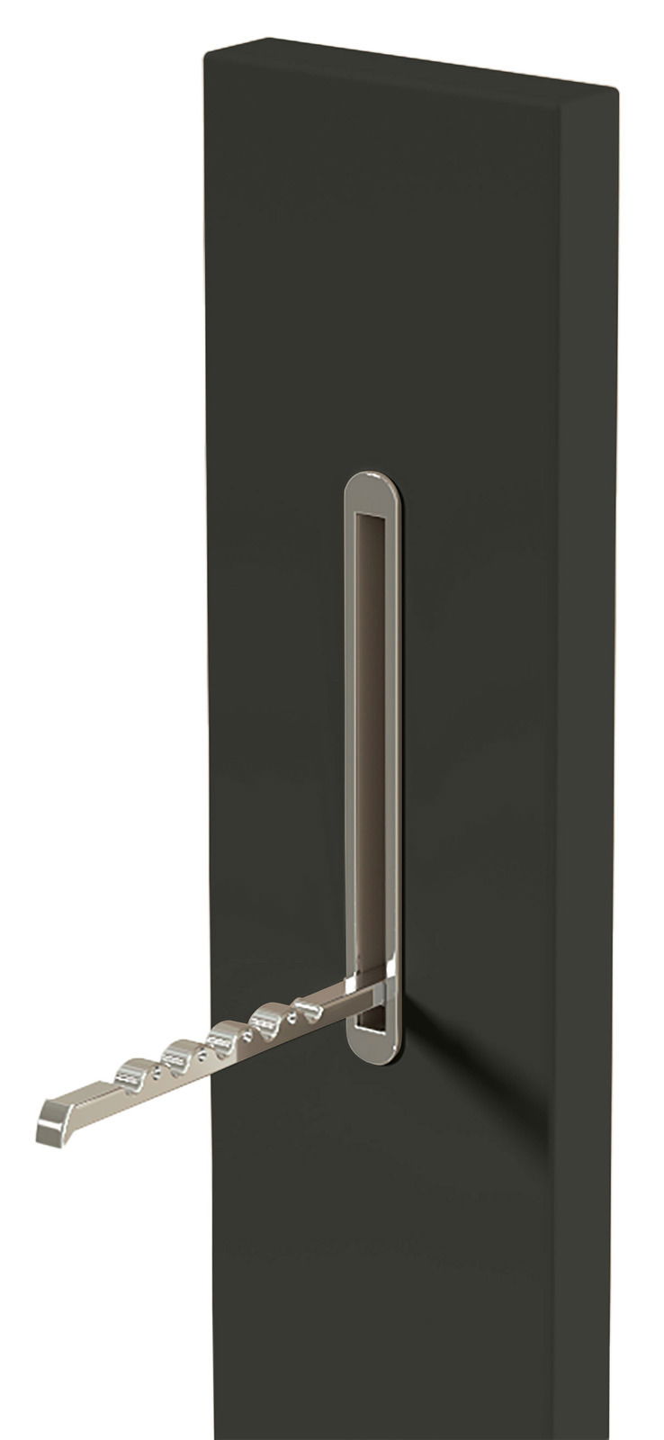 Schwarzes Garderobenpaneel mit ausklappbarer Metallleiste, seitliche Perspektive