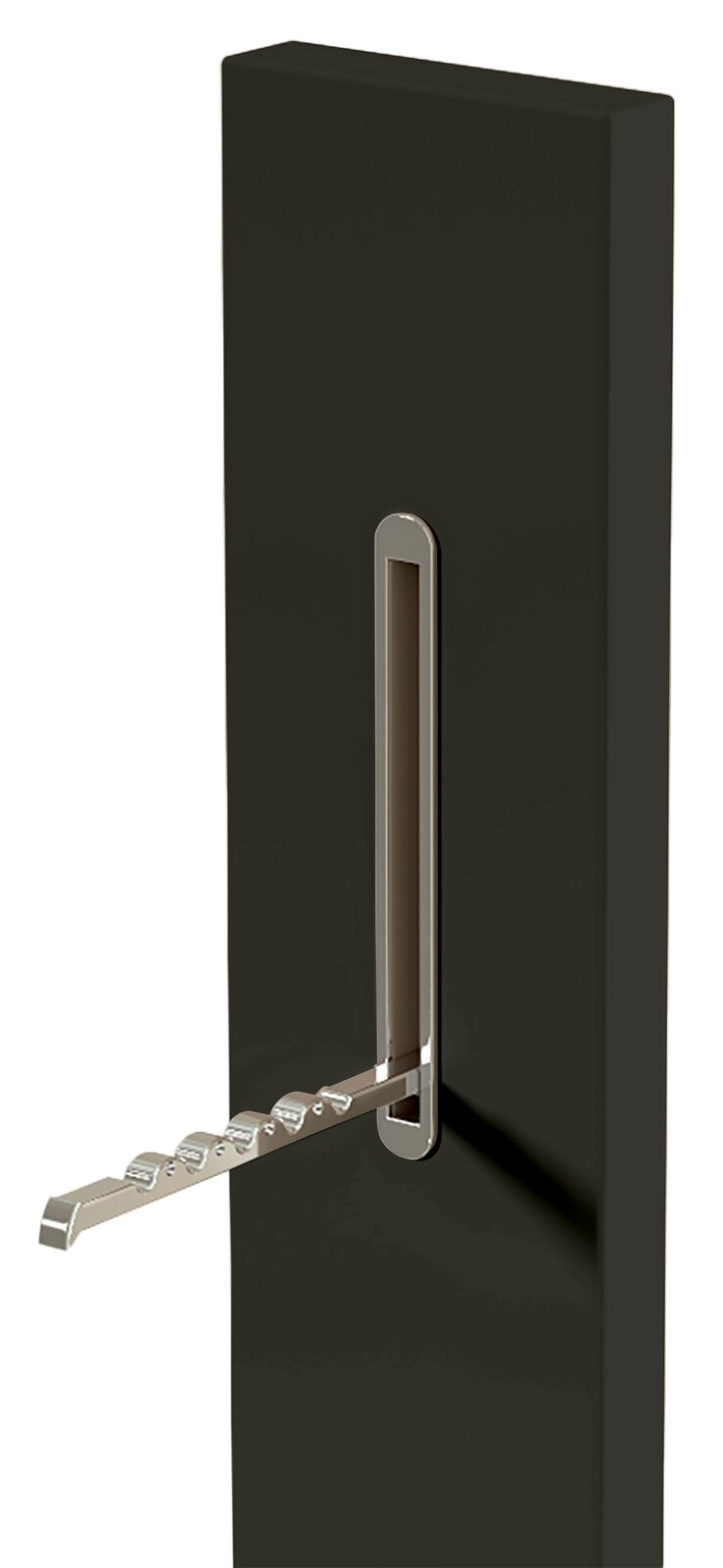 Schwarzes Garderobenpaneel mit ausklappbarer Metallleiste, seitliche Perspektive