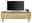 Frontale Ansicht eines kleinen TV-Lowboards aus Holz mit schwarzem Metallgestell, darauf ein Flachbildfernseher und Dekoration.
