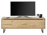 Frontale Ansicht eines kleinen TV-Lowboards aus Holz mit schwarzem Metallgestell, darauf ein Flachbildfernseher und Dekoration.