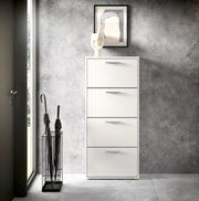 Moderne witte schoenenrek met vier kleppen, van voren gefotografeerd, in een stijlvolle ruimte met een grijze muur en decoratie.