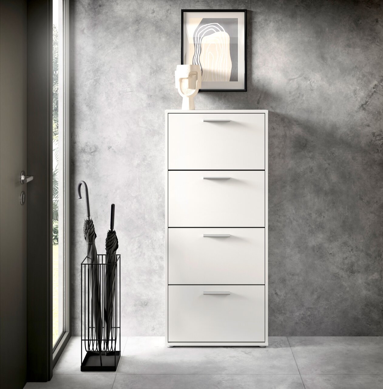 Moderne witte schoenenrek met vier kleppen, van voren gefotografeerd, in een stijlvolle ruimte met een grijze muur en decoratie.