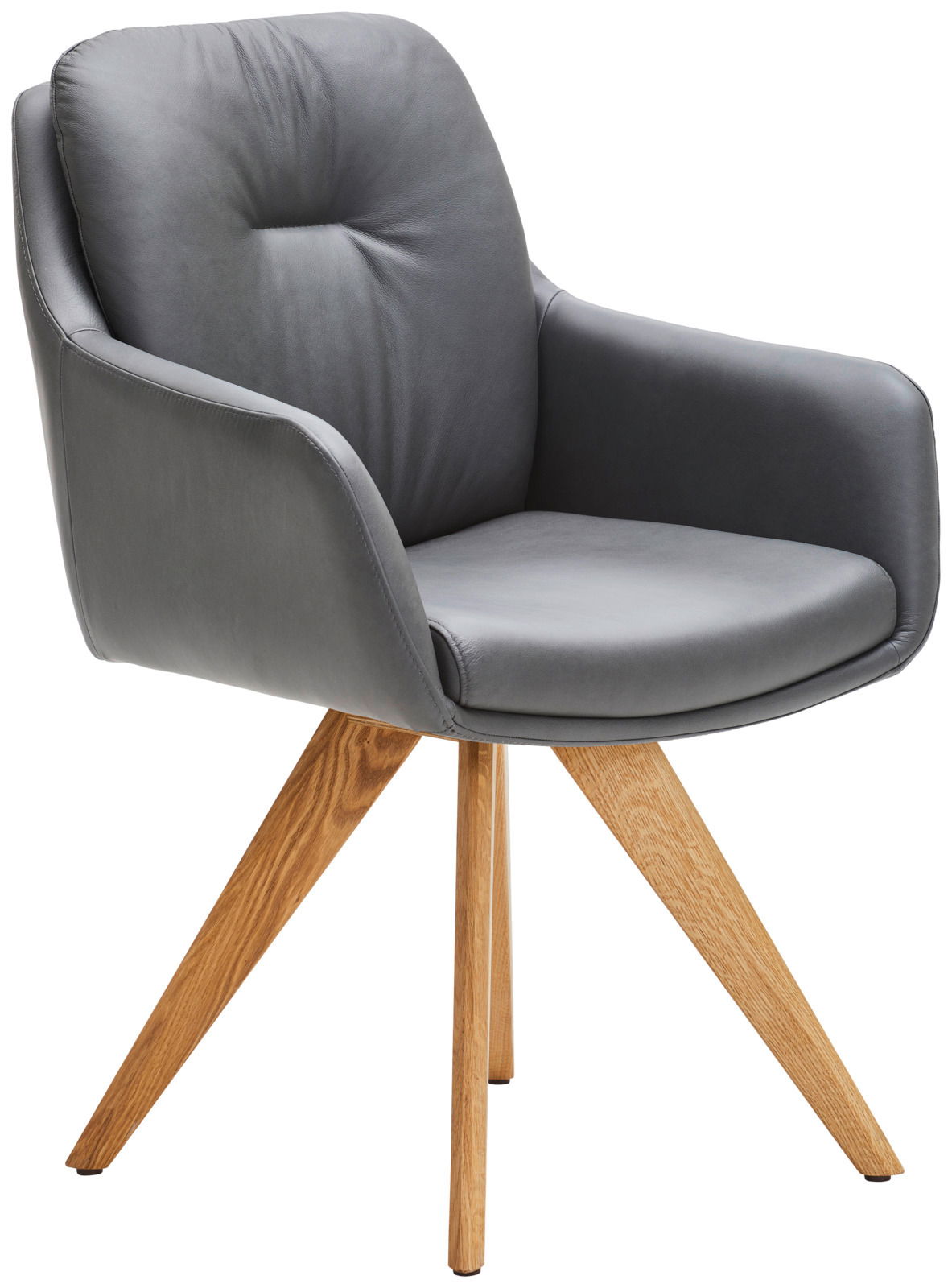 Grauer Armlehnstuhl mit Holzbeinen, seitliche Perspektive