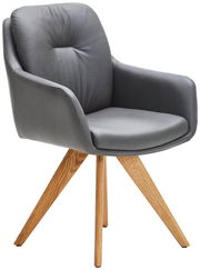 Grauer Armlehnstuhl mit Holzbeinen, seitliche Perspektive