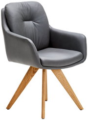 Grauer Armlehnstuhl mit Holzbeinen, seitliche Perspektive