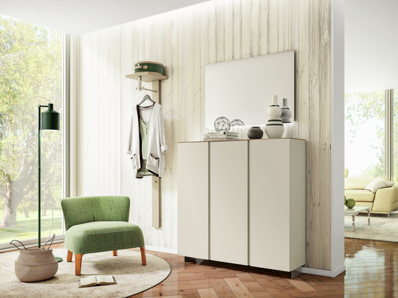 Moderano Garderoben-Set LECCO Moderner Eingangsbereich mit Hängeschuhschrank, Spiegel und Garderobenpaneel in heller Holzoptik, seitliche Perspektive.