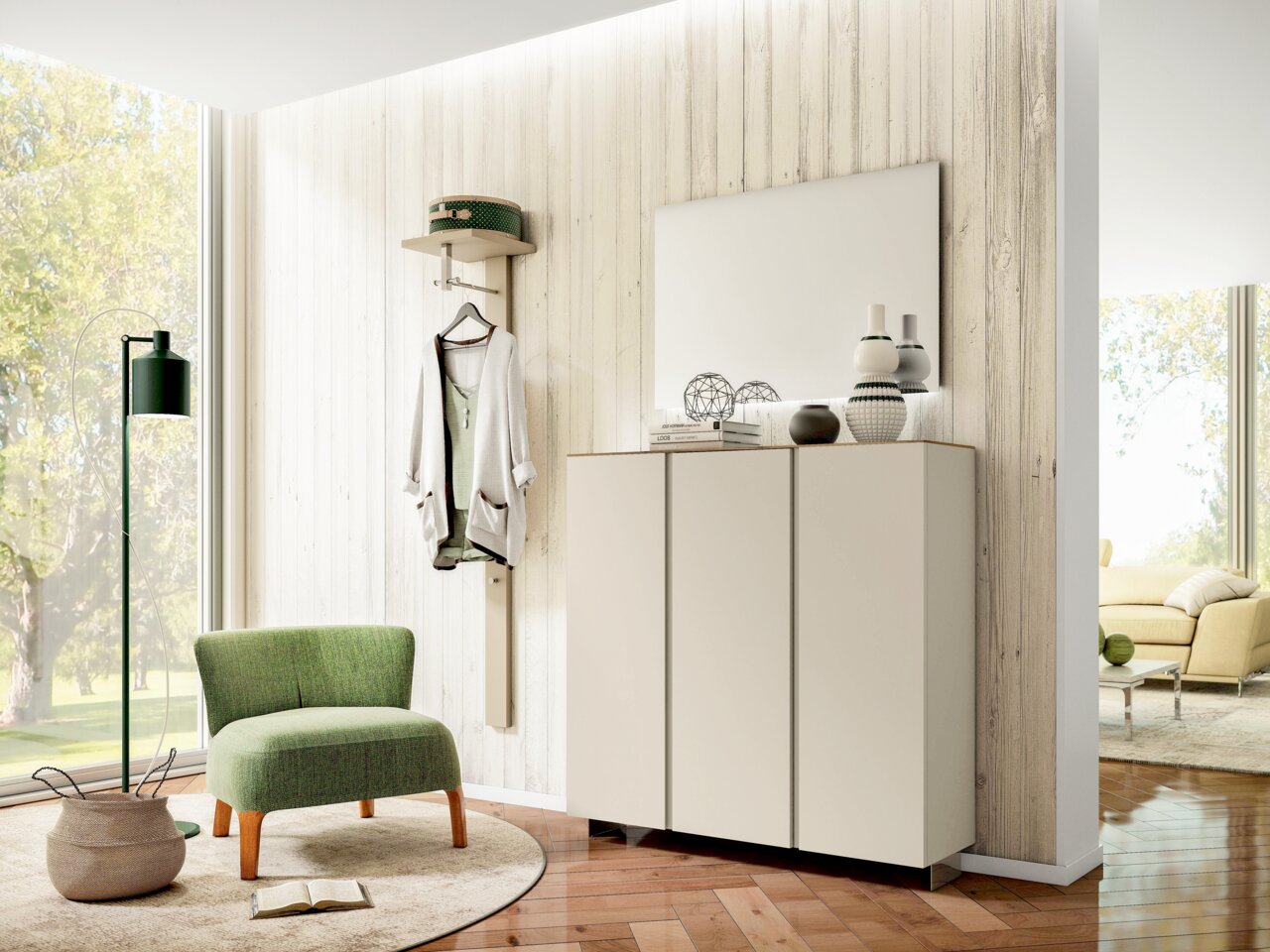Moderner Eingangsbereich mit Hängeschuhschrank, Spiegel und Garderobenpaneel in heller Holzoptik, seitliche Perspektive.