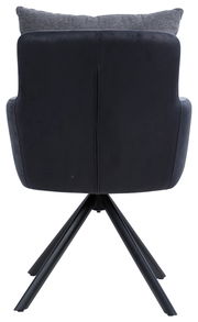 Rückansicht eines modernen Armlehnstuhls mit schwarzem Bezug und grauem Kissen, auf einem stabilen Metallgestell.