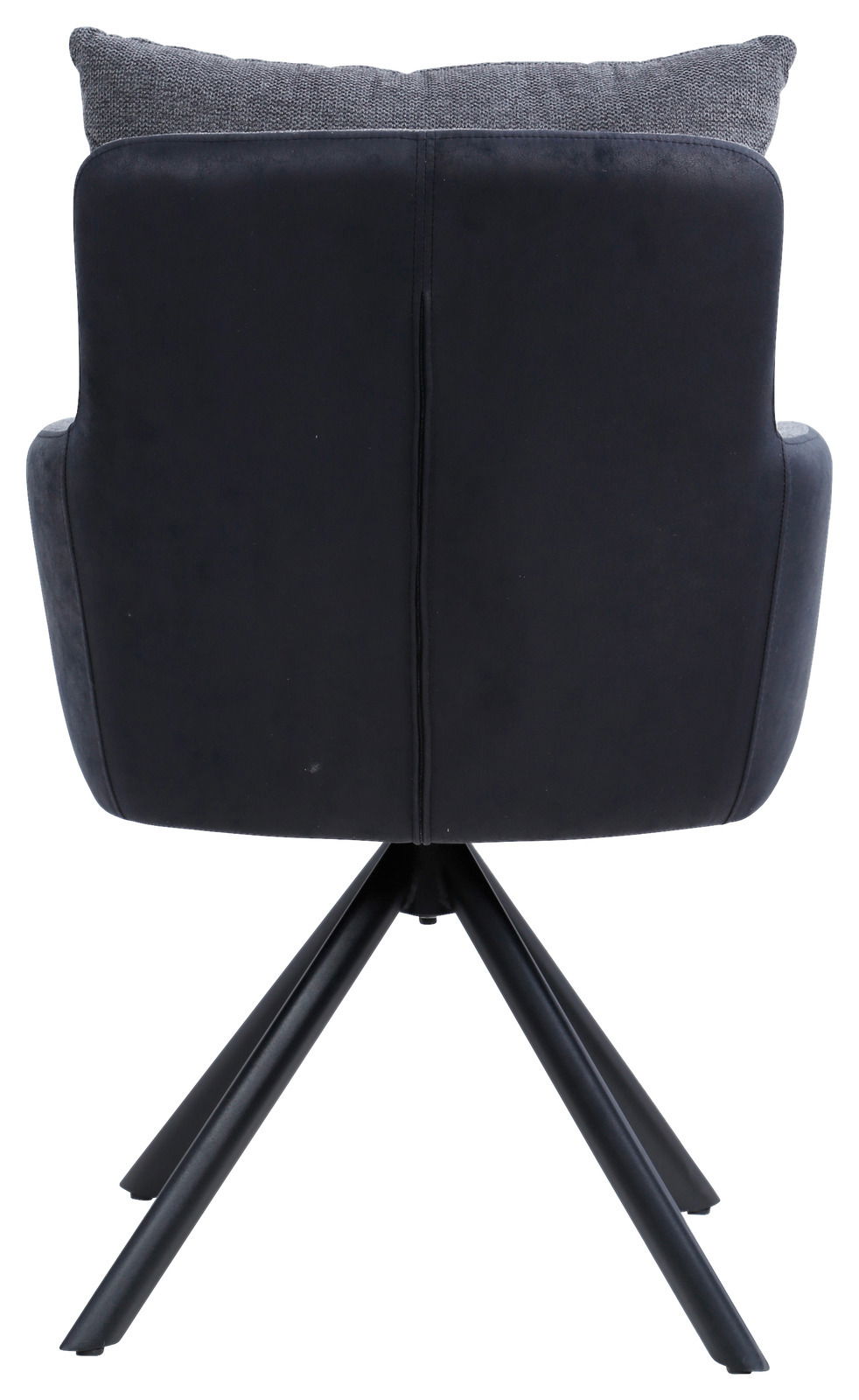 Hom´in Armlehnstuhl FABIAN Rückansicht eines modernen Armlehnstuhls mit schwarzem Bezug und grauem Kissen, auf einem stabilen Metallgestell.