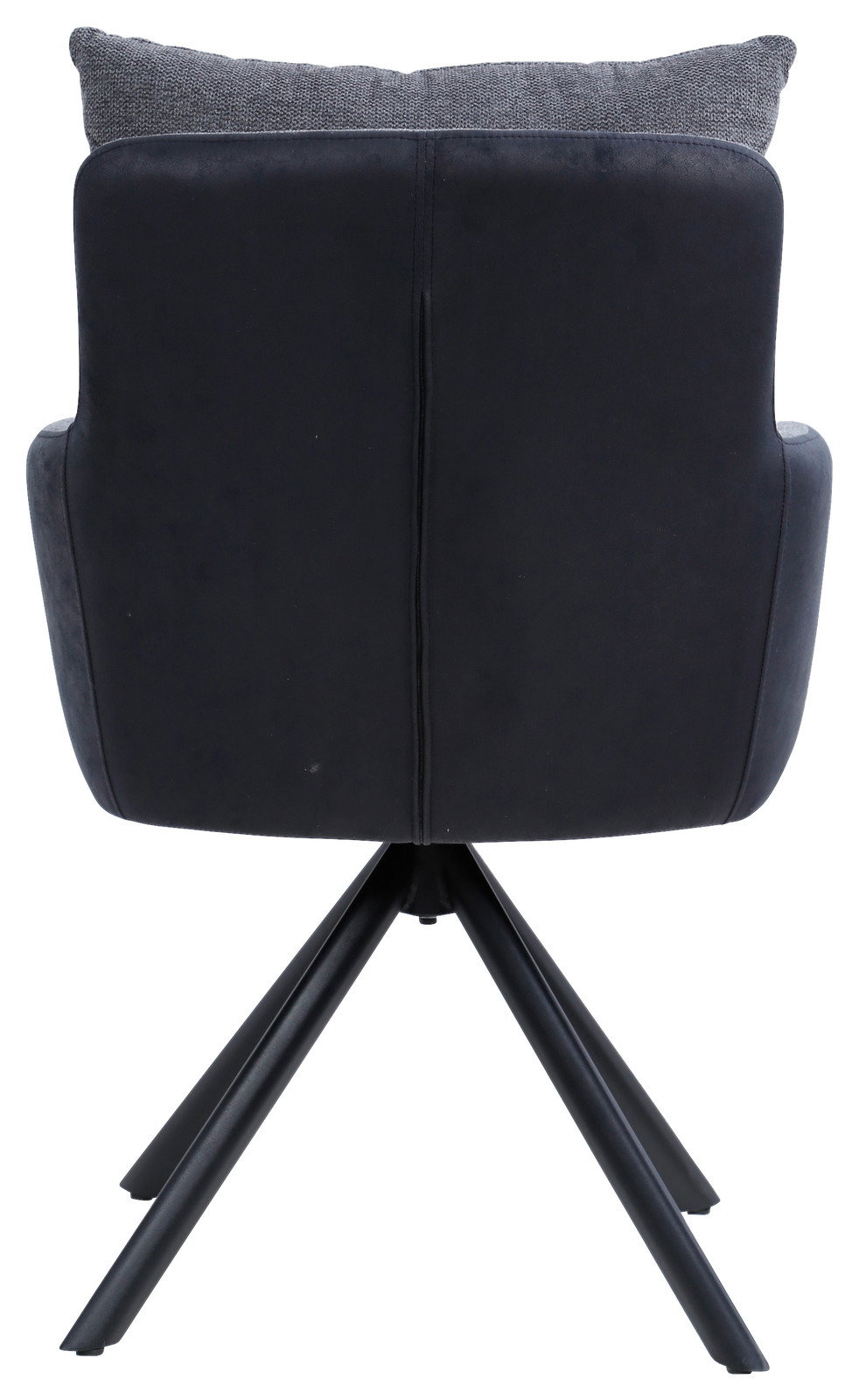 Hom´in Armlehnstuhl FABIAN Rückansicht eines modernen Armlehnstuhls mit schwarzem Bezug und grauem Kissen, auf einem stabilen Metallgestell.